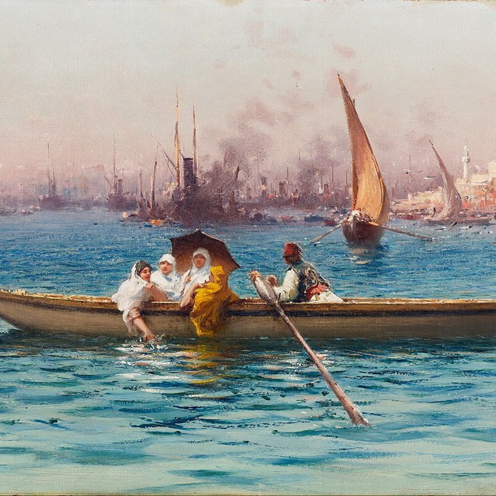 A caique on the Bosphorus with passengers, painting by Fausto Zonaro