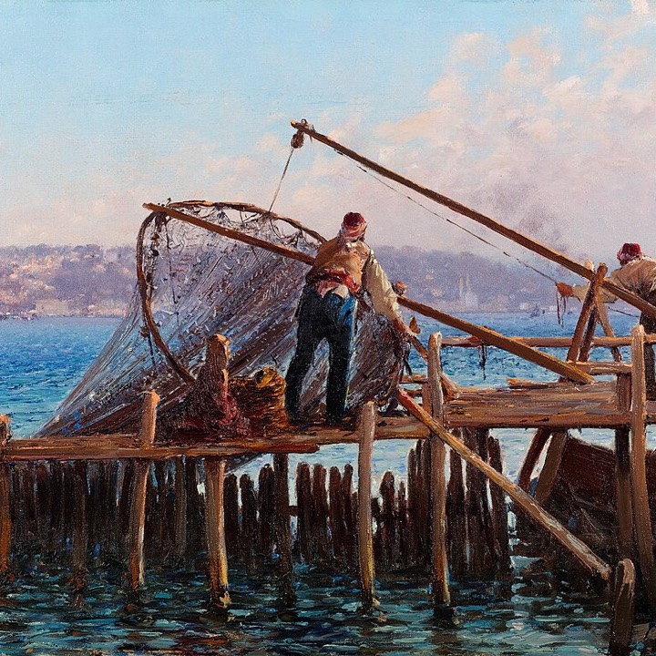 Fishermen lifting a net on the Bosphorus, painting by Fausto Zonaro