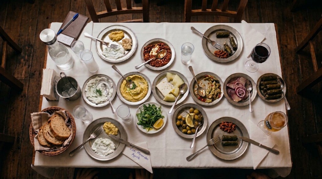 A meyhane table for four seen from above: white cloth, cold meze on pewter plates each with its serving spoon, rocket salad, two slim rakı glasses with water, one red wine, one beer, small folded paper napkins, one with a song request in blue ballpoint, bread, the bill in its leather folder with a ballpoint pen